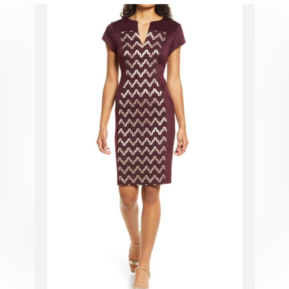 Connected Apparel womenâs plus size metallic lace sheath burgundy dress 20W - Picture 1 of 15